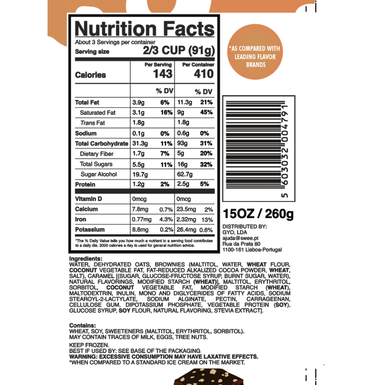 Swee Caramel with Brownies ice cream packaging label nutrition facts