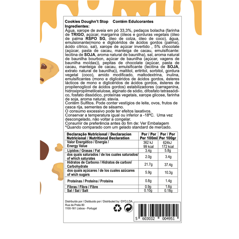 Swee Cookie Dough ice cream packaging Nutrition Facts Label and ingredients 