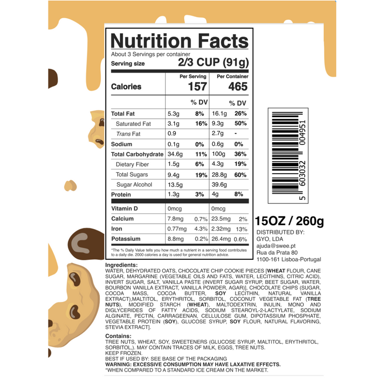 Swee Cookie Dough ice cream packaging label nutrition facts