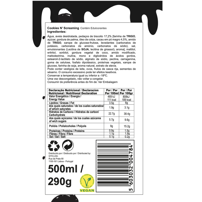 Swee Cookies and Cream ice cream packaging Nutrition Facts Label and ingredients 