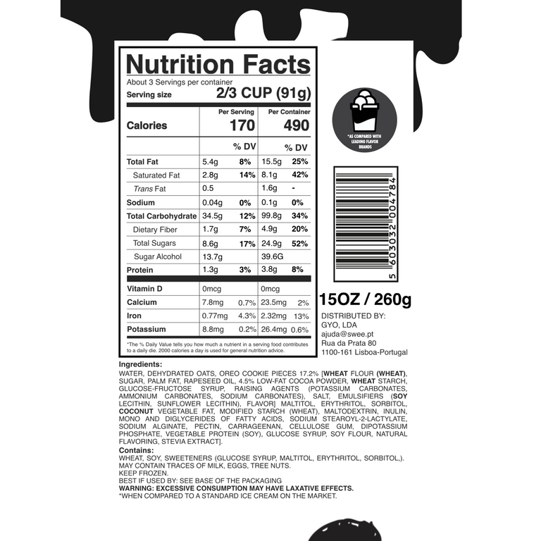 Swee Cookies and Cream ice cream packaging label nutrition facts